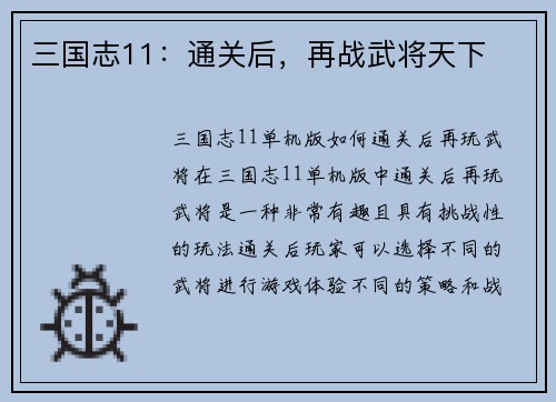 三国志11：通关后，再战武将天下